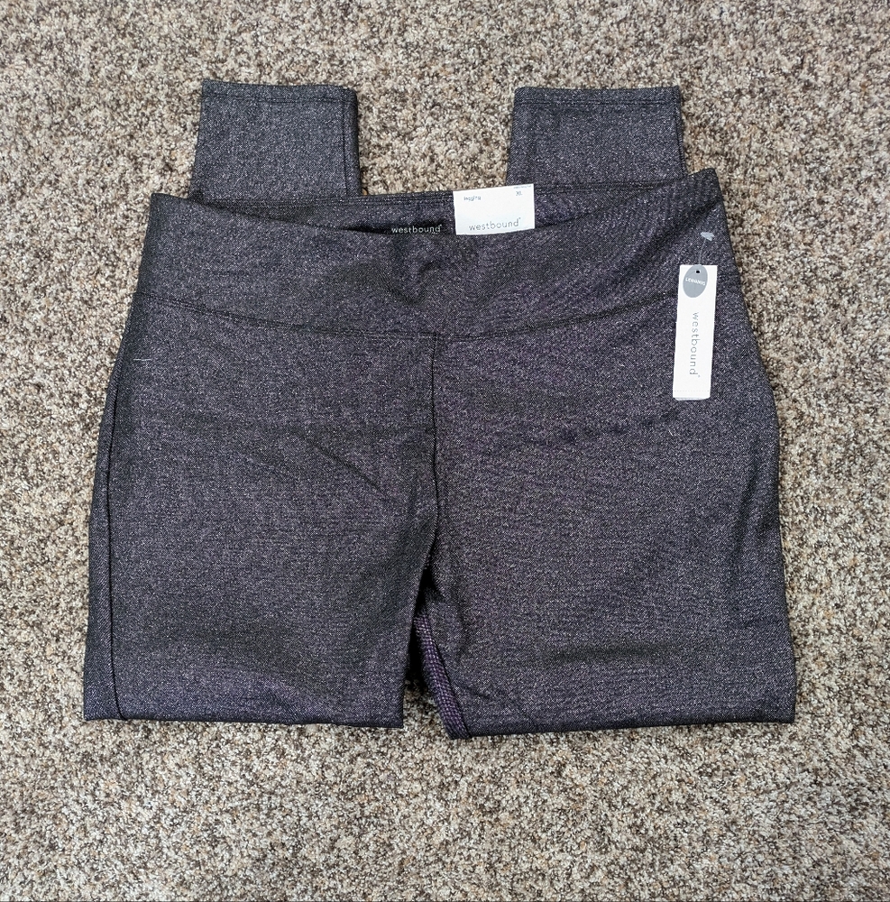 Leggings Pants Sz XL Metallic Gray/Blk Back Pockets Rayon Blend Shiny WESTBOUND